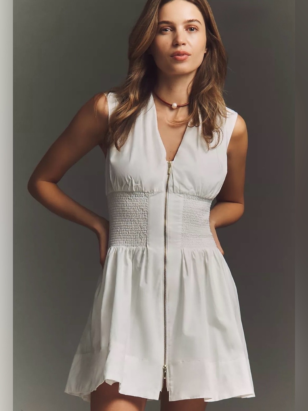 Anthropologie The Tommie Cap-Sleeve Smocked Front-Zip Shirt Mini Dress